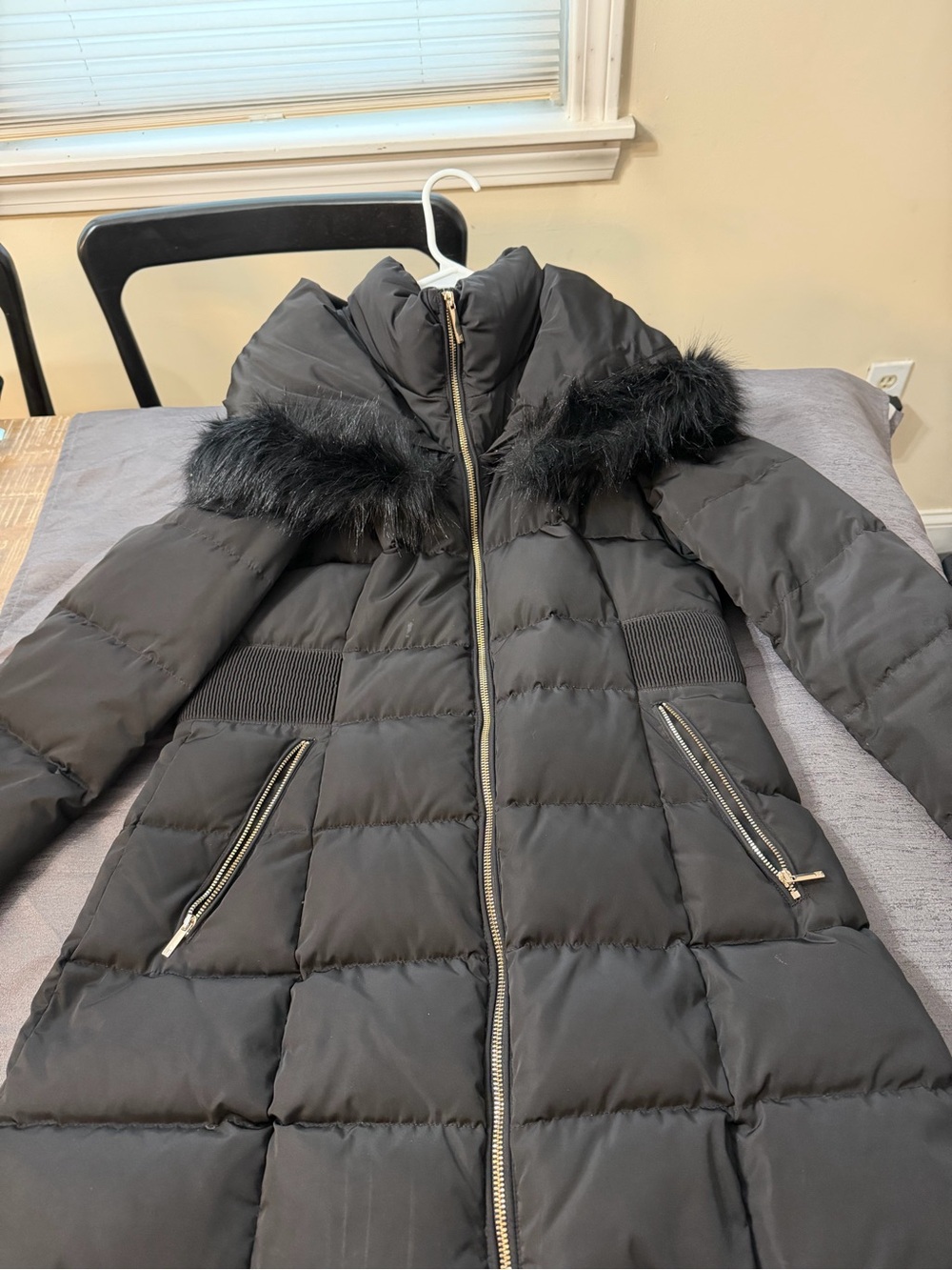 Ivanka Trump Black Quilted Long Puffer Coat with Faux-Fur Hood Trim
